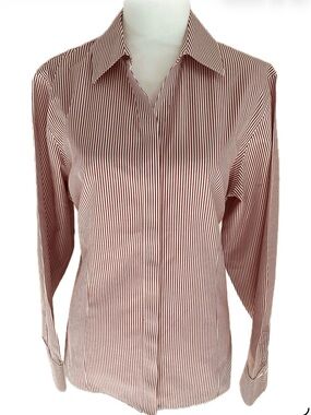 Chico's Red Non Iron Structured Metallic Shimmer  Striped Collared Button Shirt